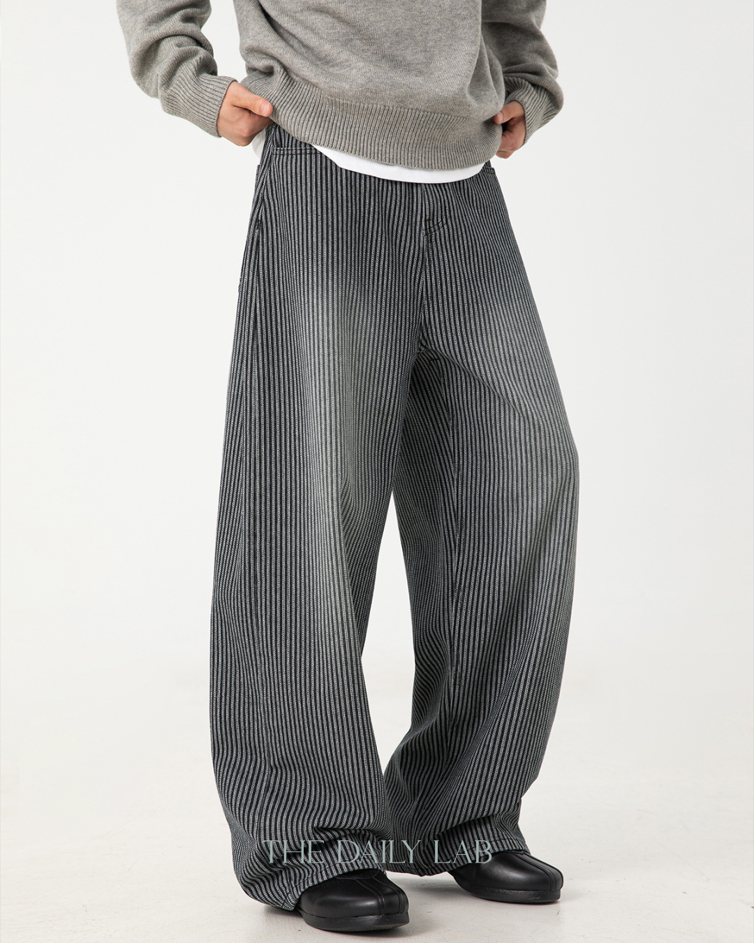 Vintage Washed Vertical-Stripe Jeans In Black
