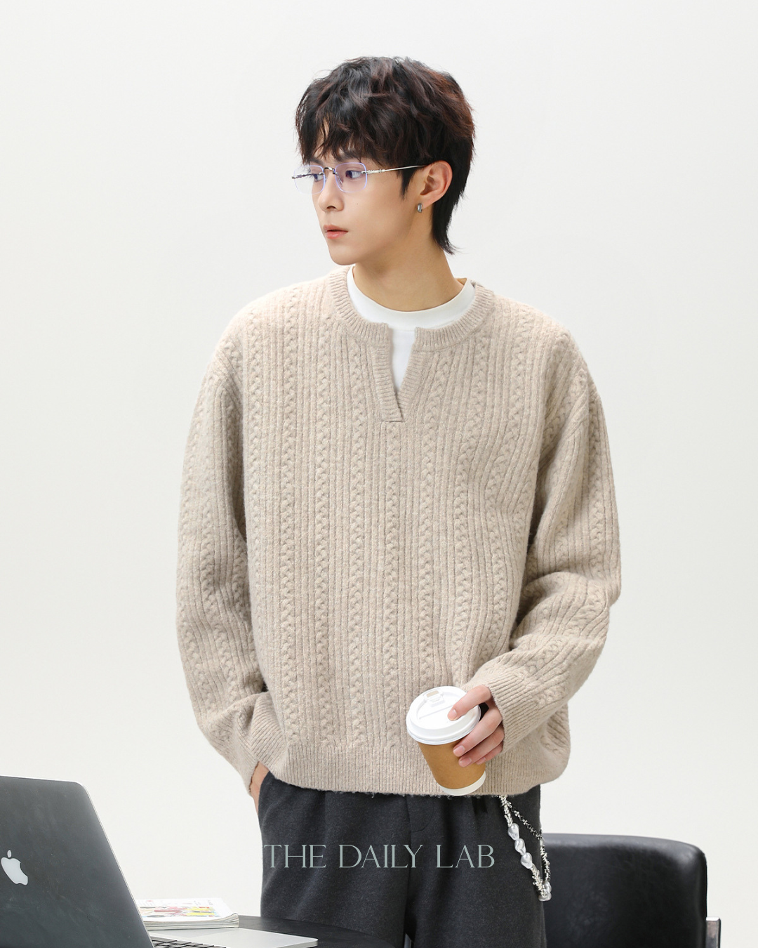 Oversized V-Neck Knit Sweater in Oatmeal