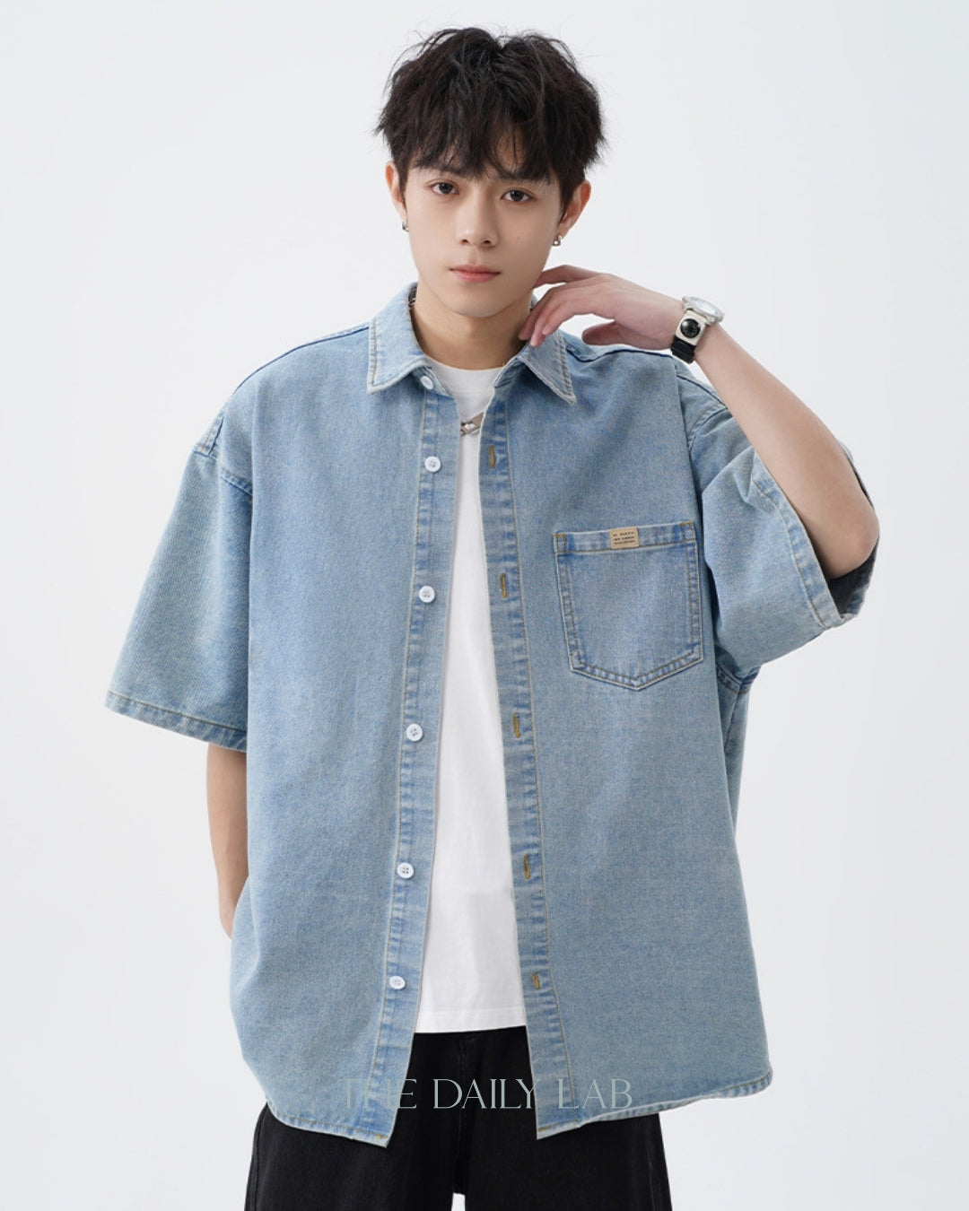 Vintage Washed Denim Short-Sleeve Shirt in Blue (In-Stock)