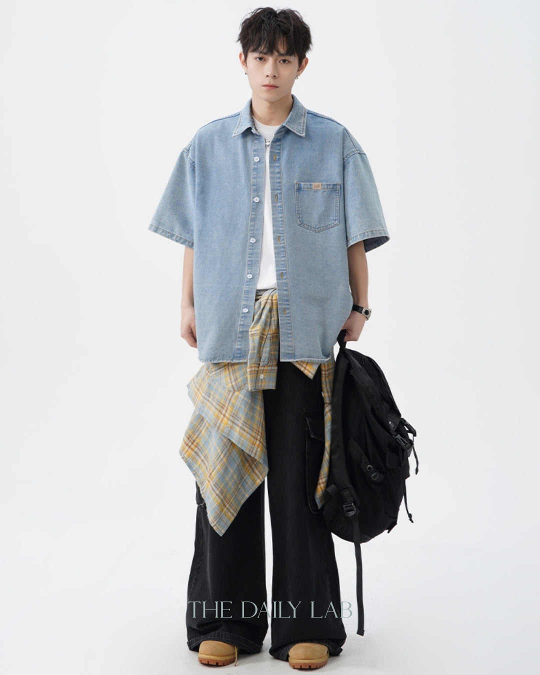 Vintage Washed Denim Short-Sleeve Shirt in Blue (In-Stock)