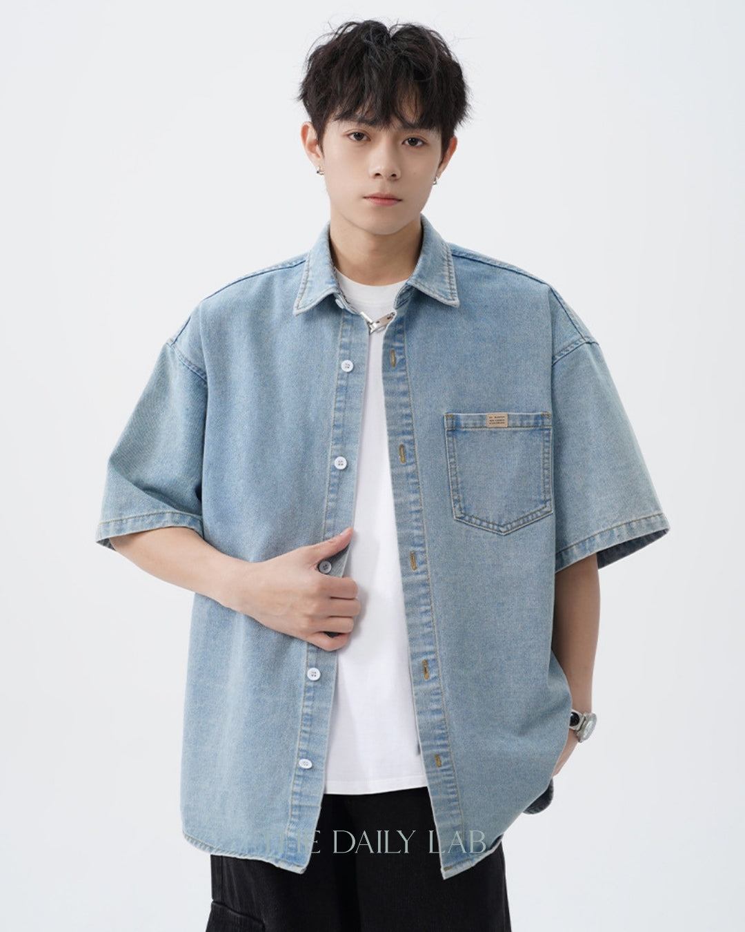 Vintage Washed Denim Short-Sleeve Shirt in Blue (In-Stock)