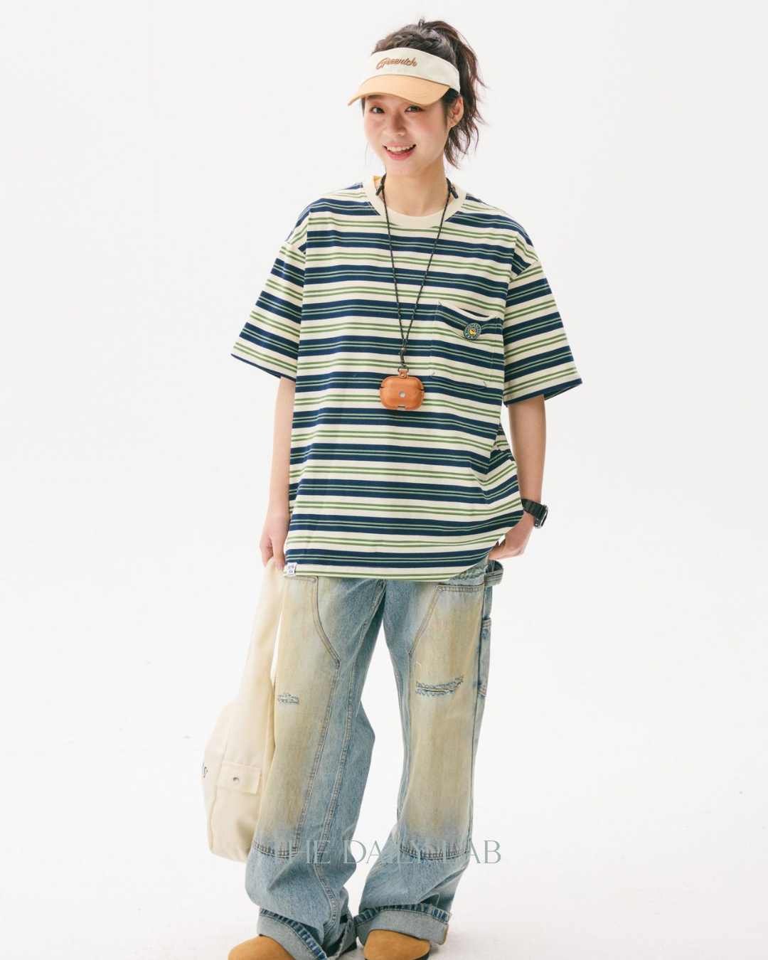 Teen Streetwear Striped Loose Fit Tee in Green/White