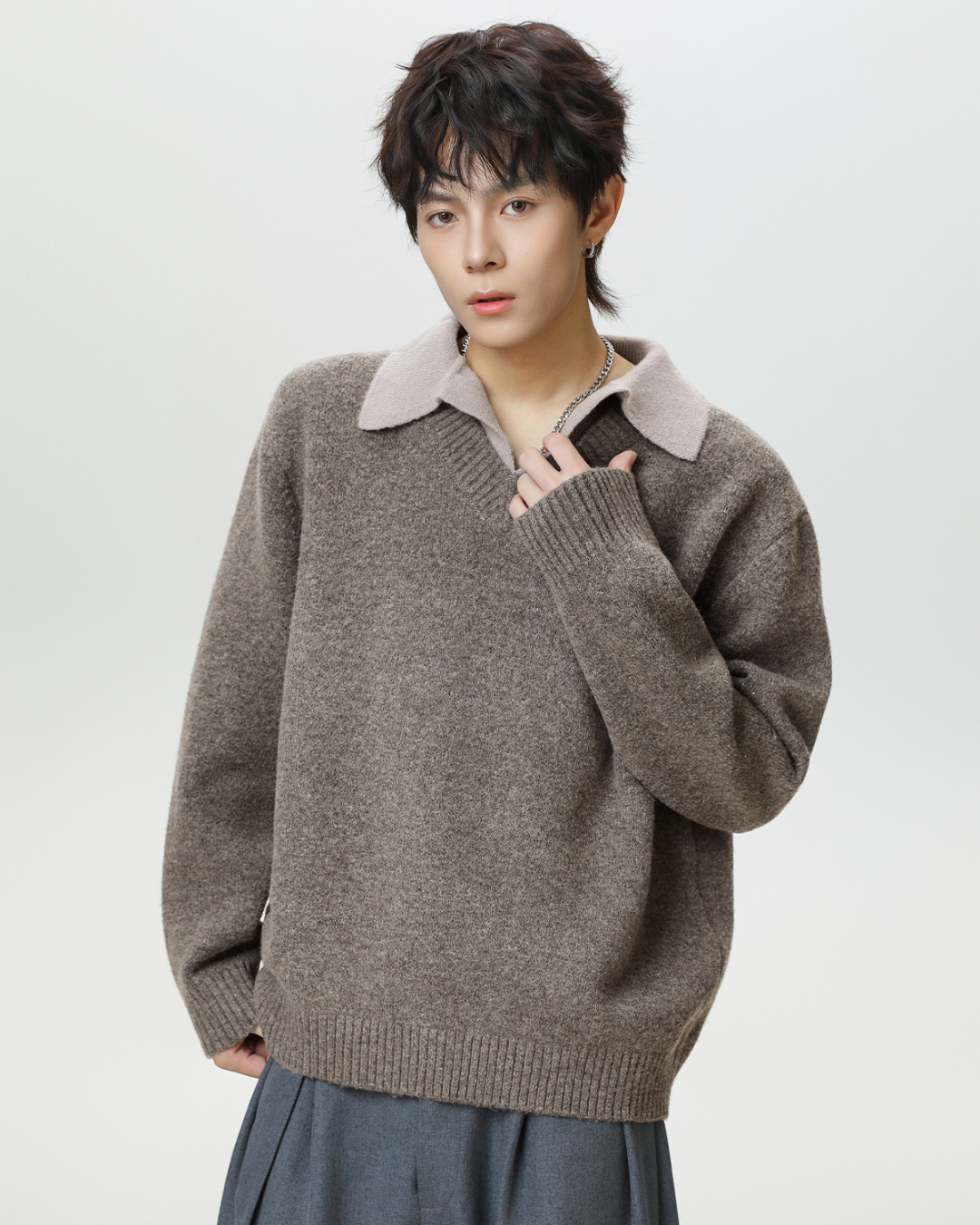 Vintage Lapel Knit Sweater Jacket in Grey Brown