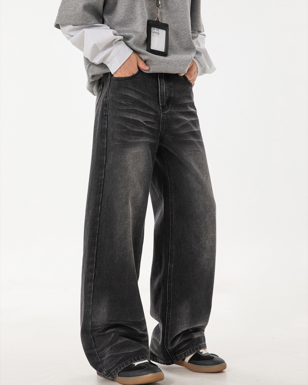 Whisker Washed Distressed Jeans in Black