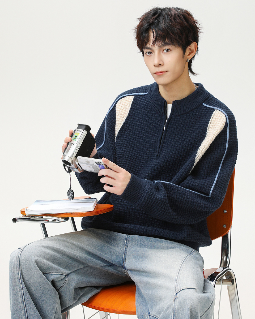 Colorblock Fleece Knit Jacket in Navy Blue