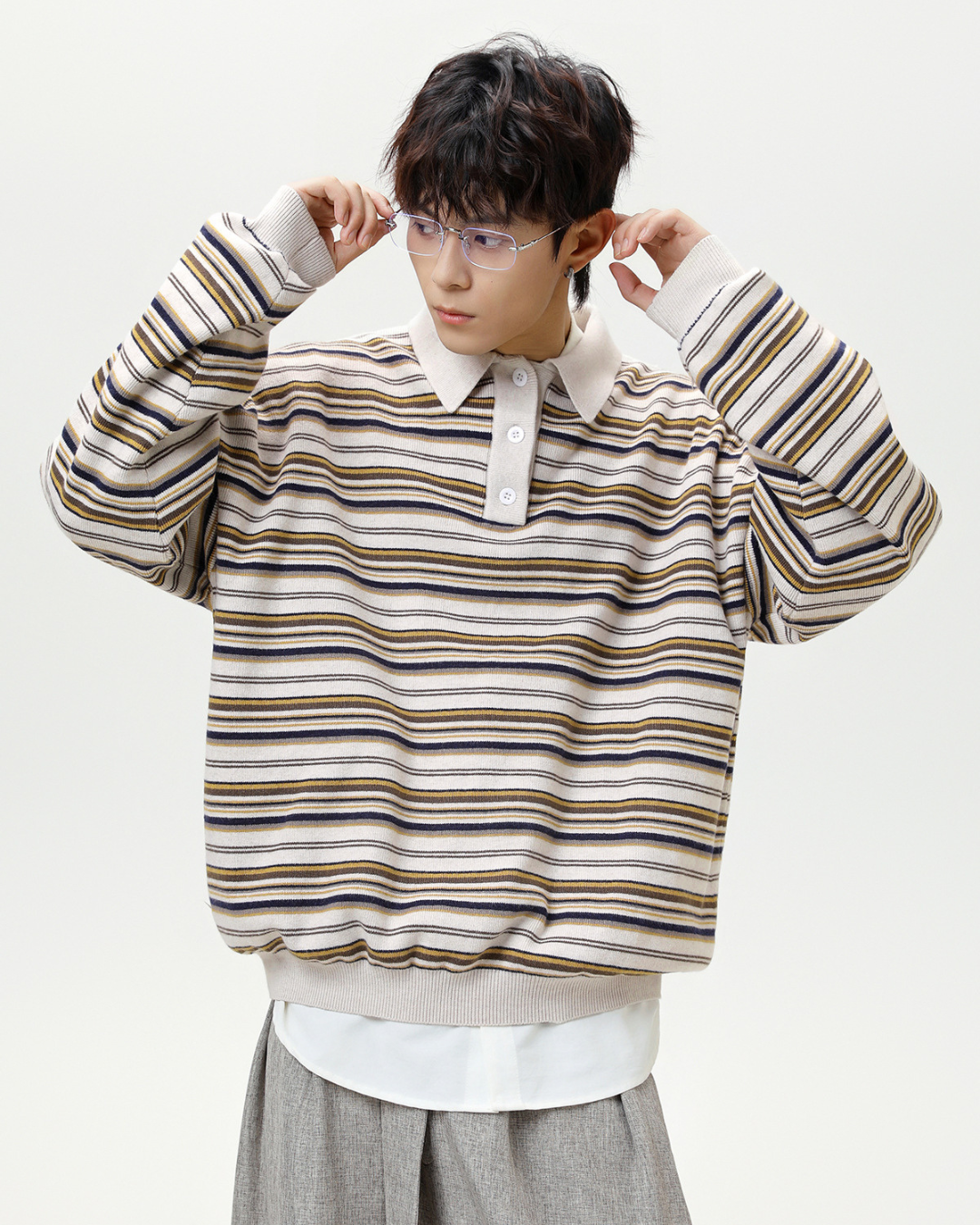 Vintage Striped Loose Casual T-Shirt in White Coffee