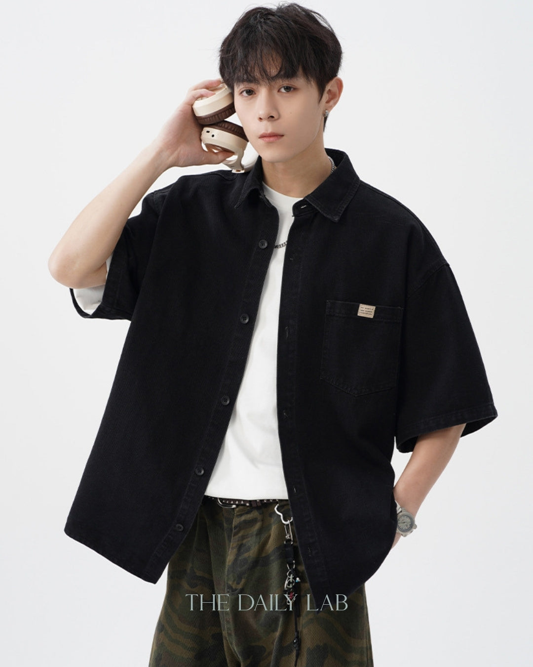 Vintage Washed Denim Short-Sleeve Shirt in Black