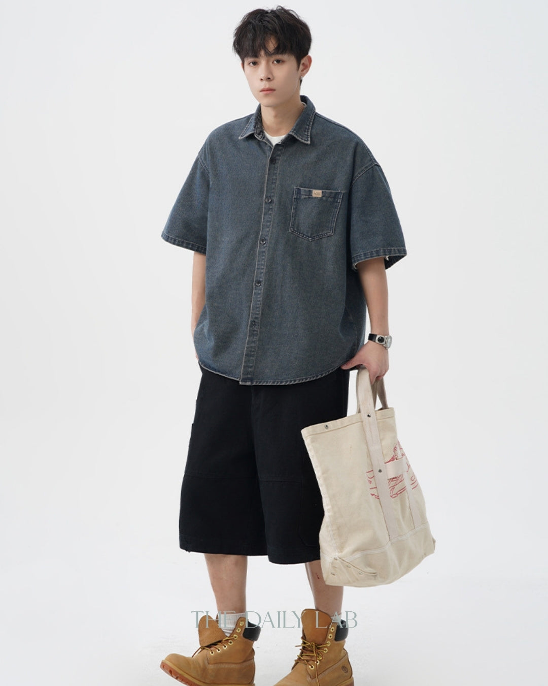 Vintage Washed Denim Short-Sleeve Shirt in Dark Blue