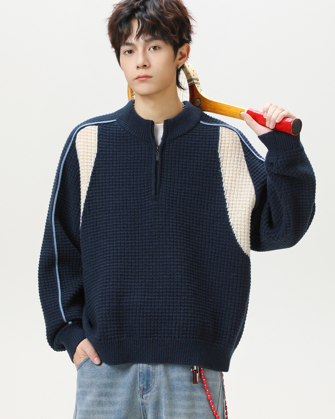 Colorblock Fleece Knit Jacket in Navy Blue
