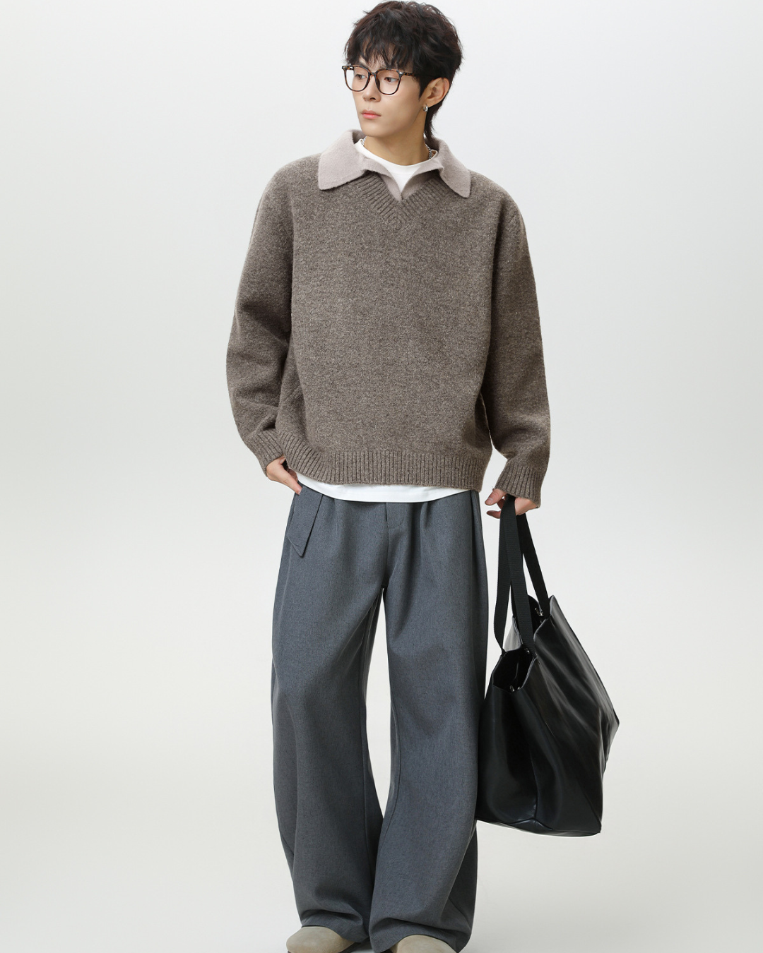 Vintage Lapel Knit Sweater Jacket in Grey Brown