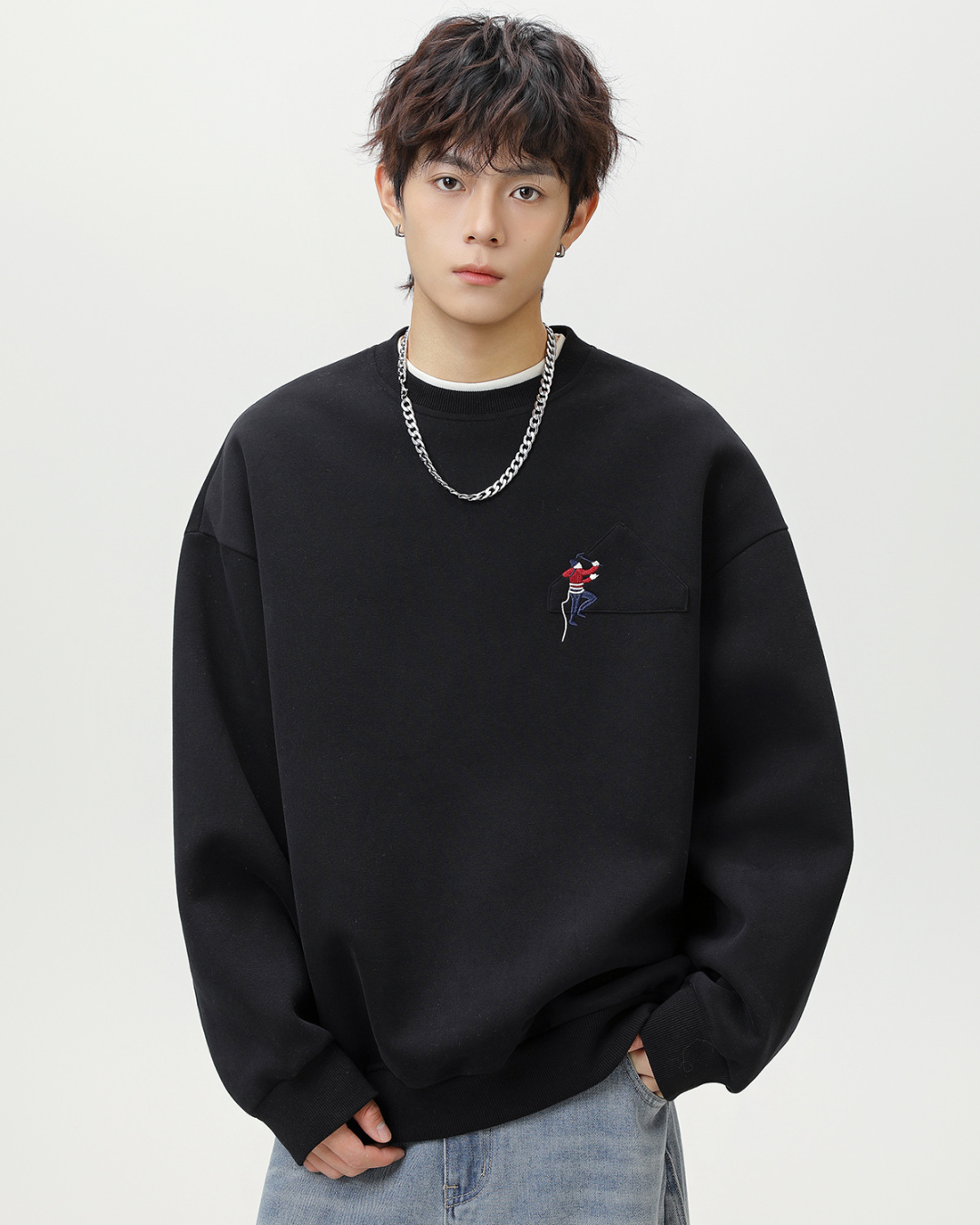 Heavyweight Crew Neck Sweatshirt Sports Jacket In Black
