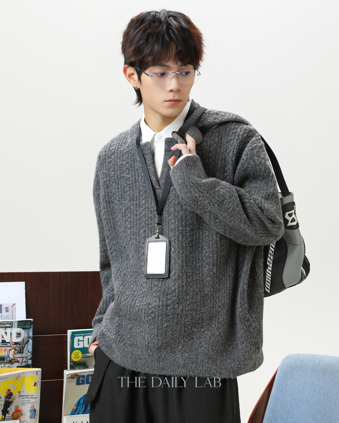 Oversized V-Neck Knit Sweater in Grey
