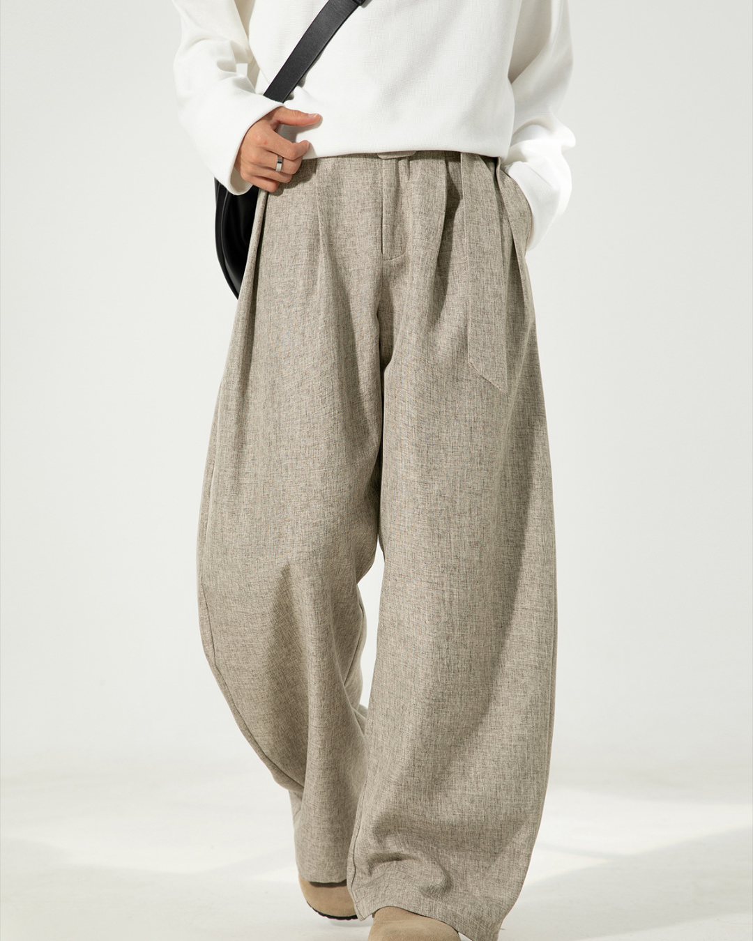 Pleated Draped Curved-Slit Suit Trousers In Oatmeal Color