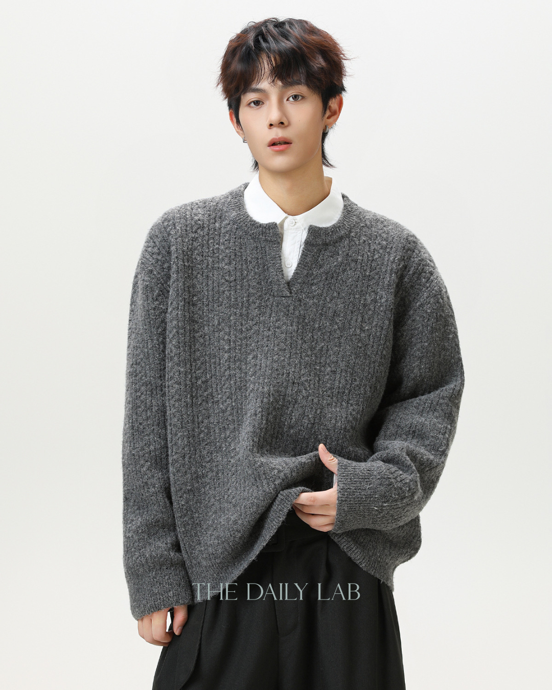 Oversized V-Neck Knit Sweater in Grey