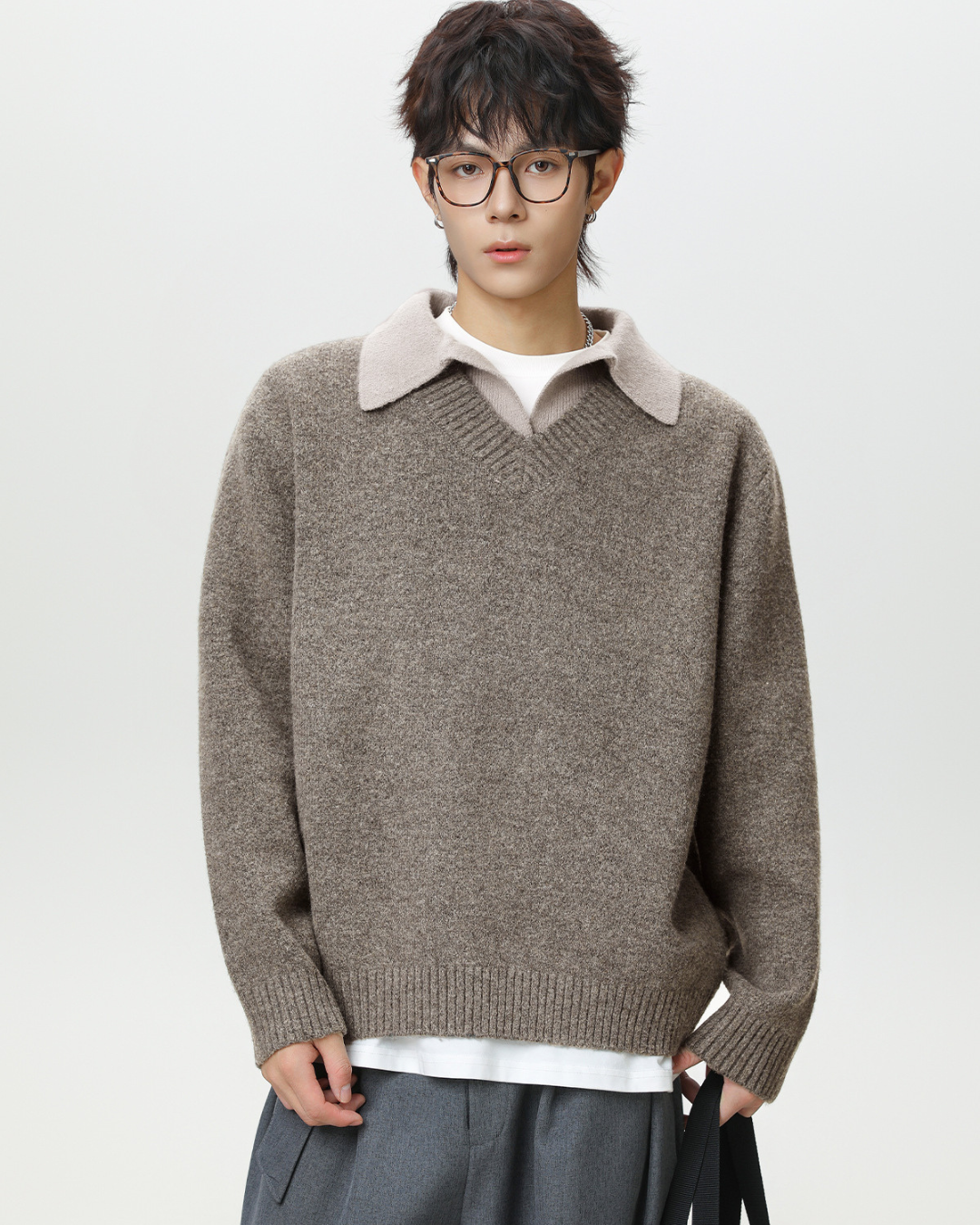 Vintage Lapel Knit Sweater Jacket in Grey Brown