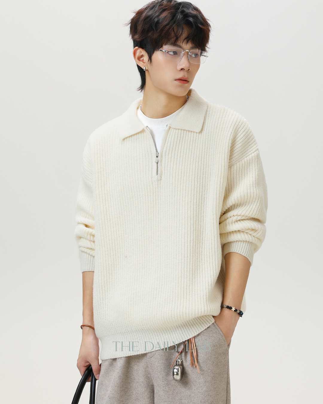 Heavyweight Half-Zip Knit Sweater in White