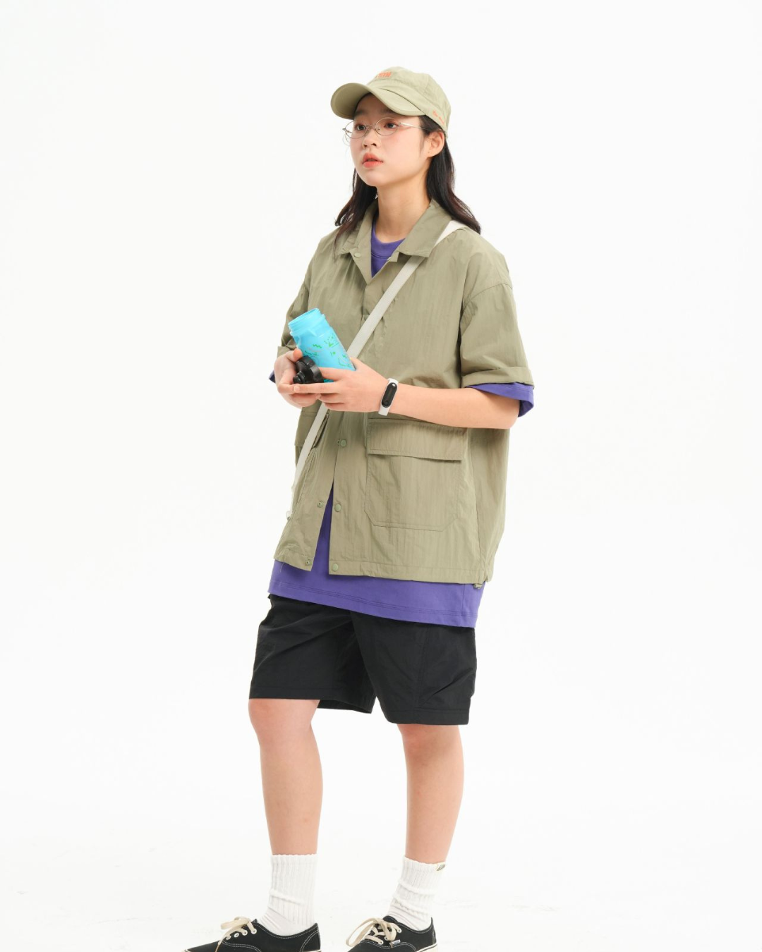 Solid Color Functional Short Sleeve Shirt In Green