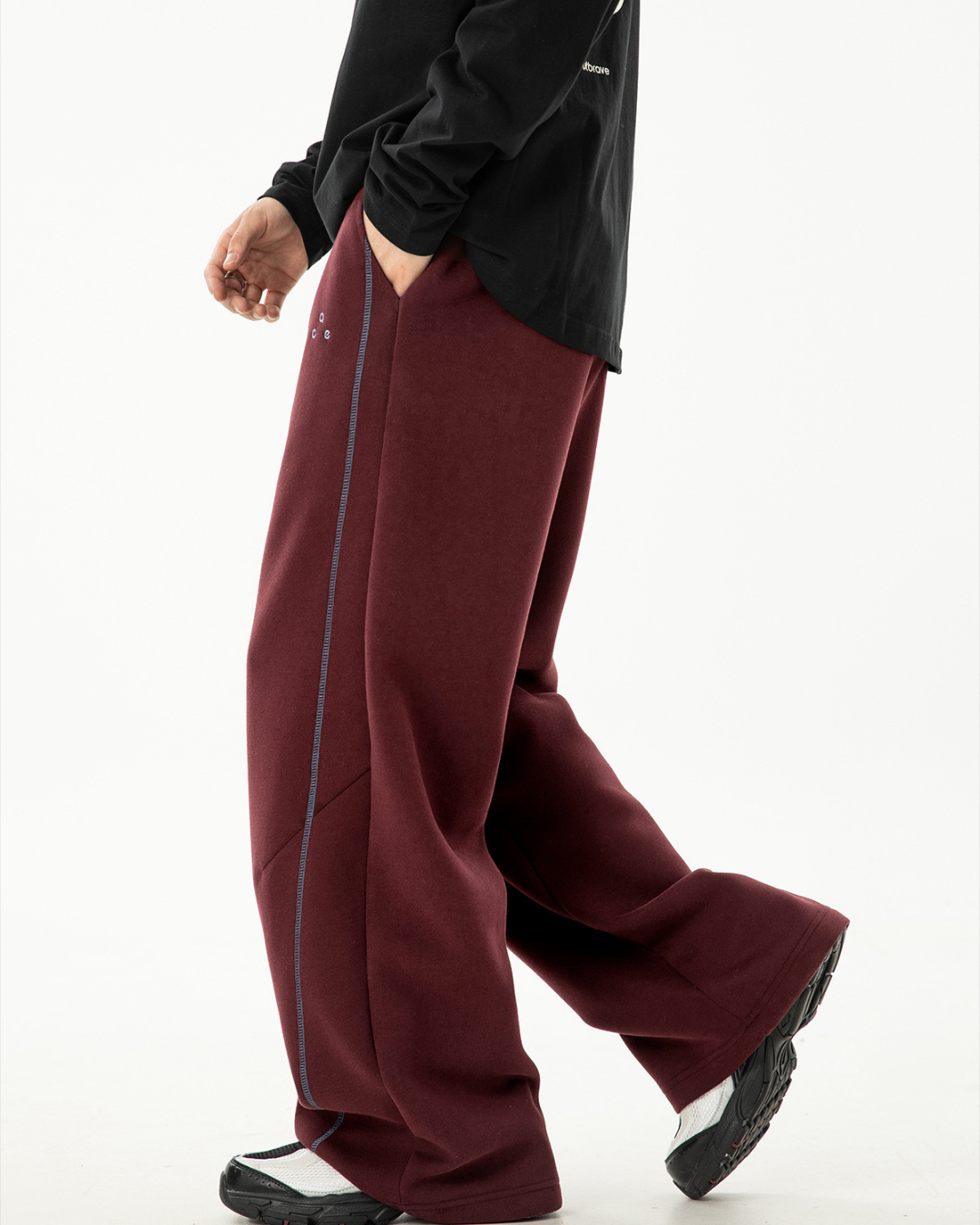 Heavyweight Color-blocked With Contrast Stitching Casual Pants In Angora Red