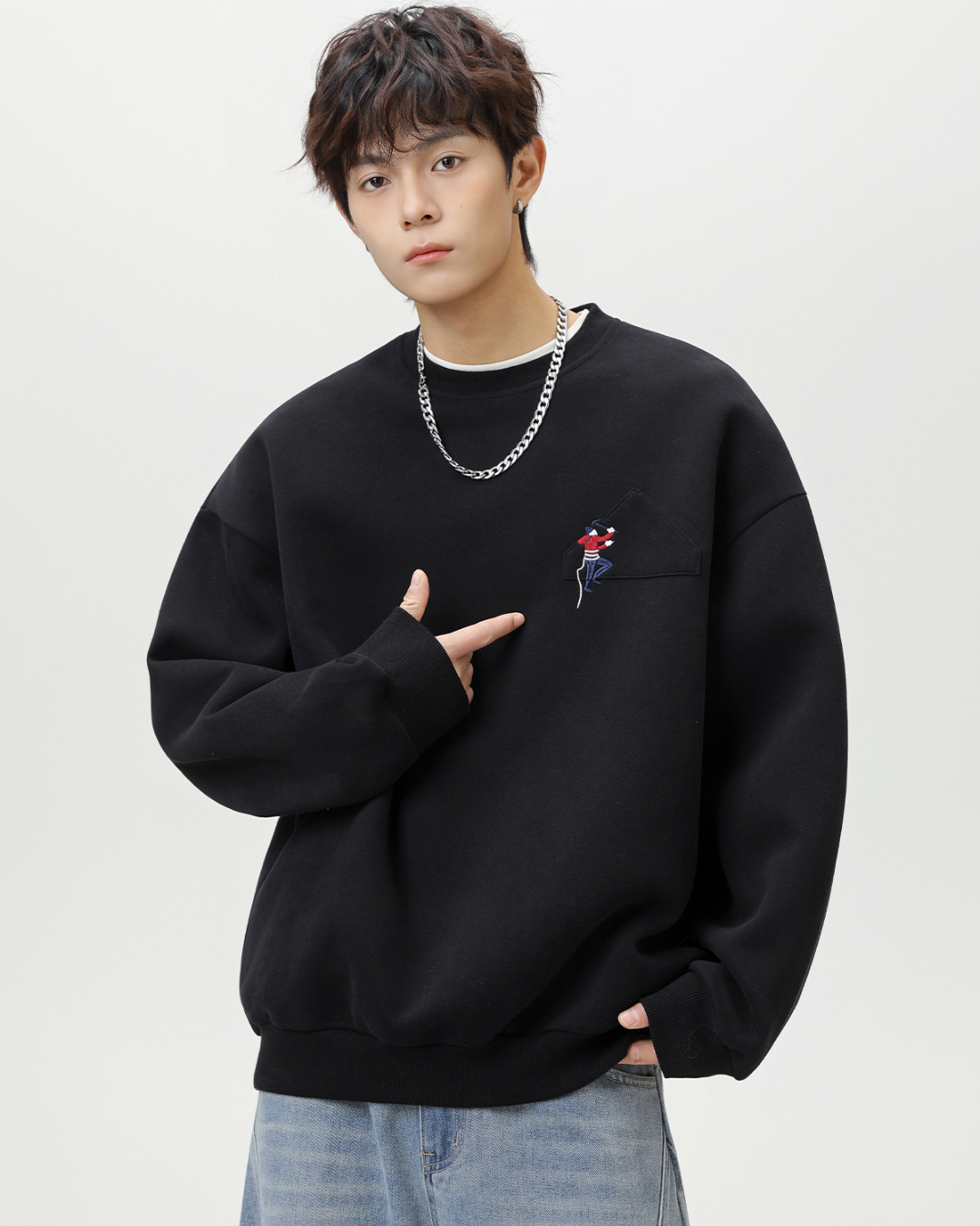 Heavyweight Crew Neck Sweatshirt Sports Jacket In Black
