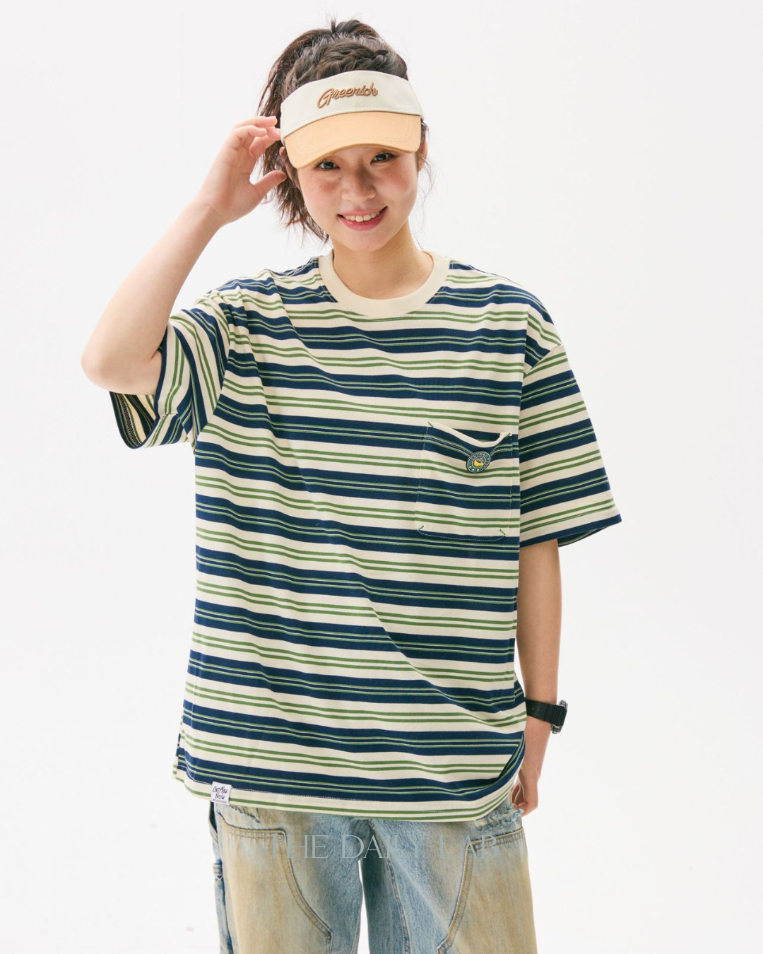 Teen Streetwear Striped Loose Fit Tee in Green/White