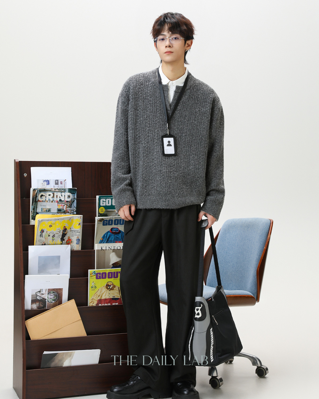 Oversized V-Neck Knit Sweater in Grey