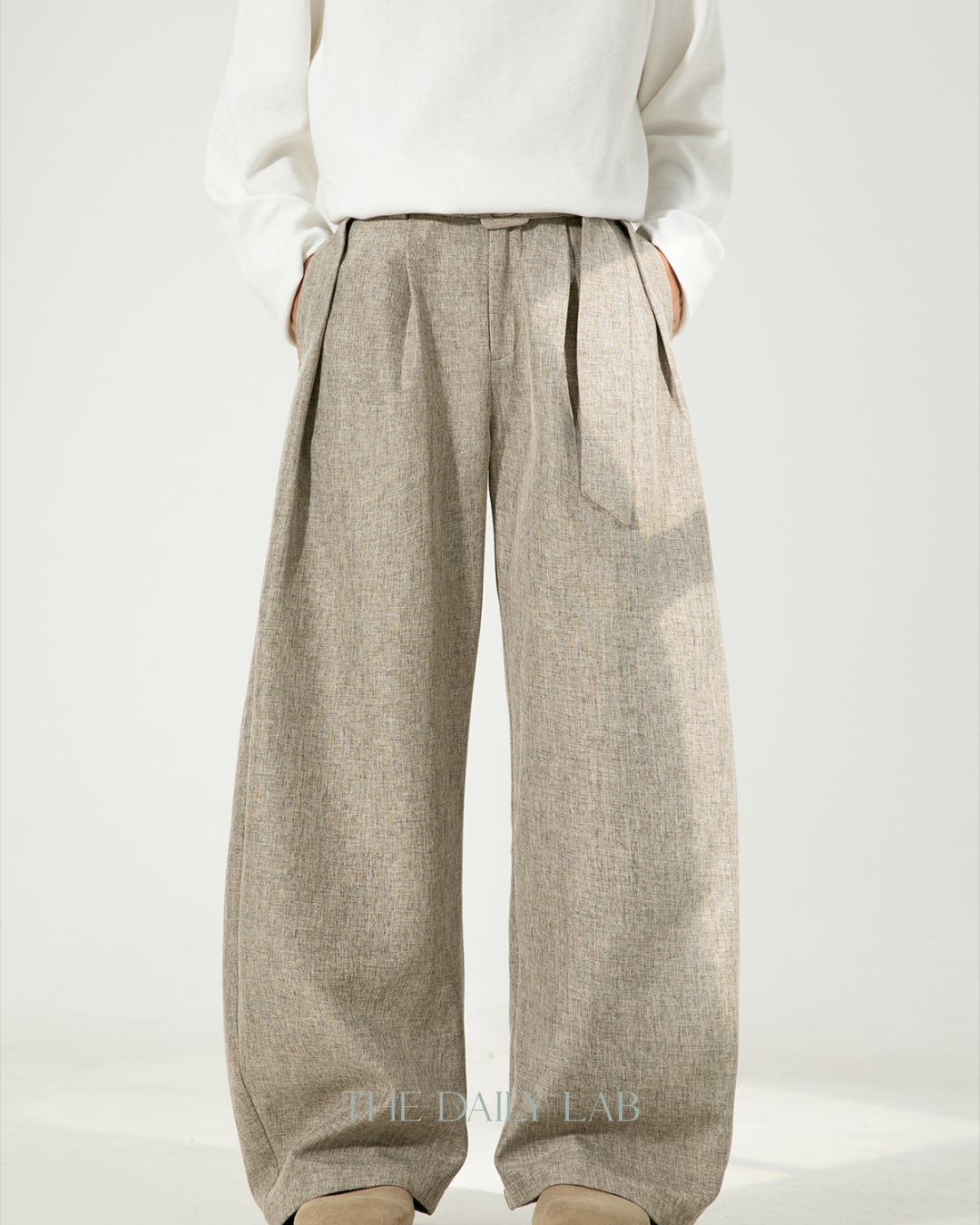 Pleated Draped Curved-Slit Suit Trousers In Oatmeal Color