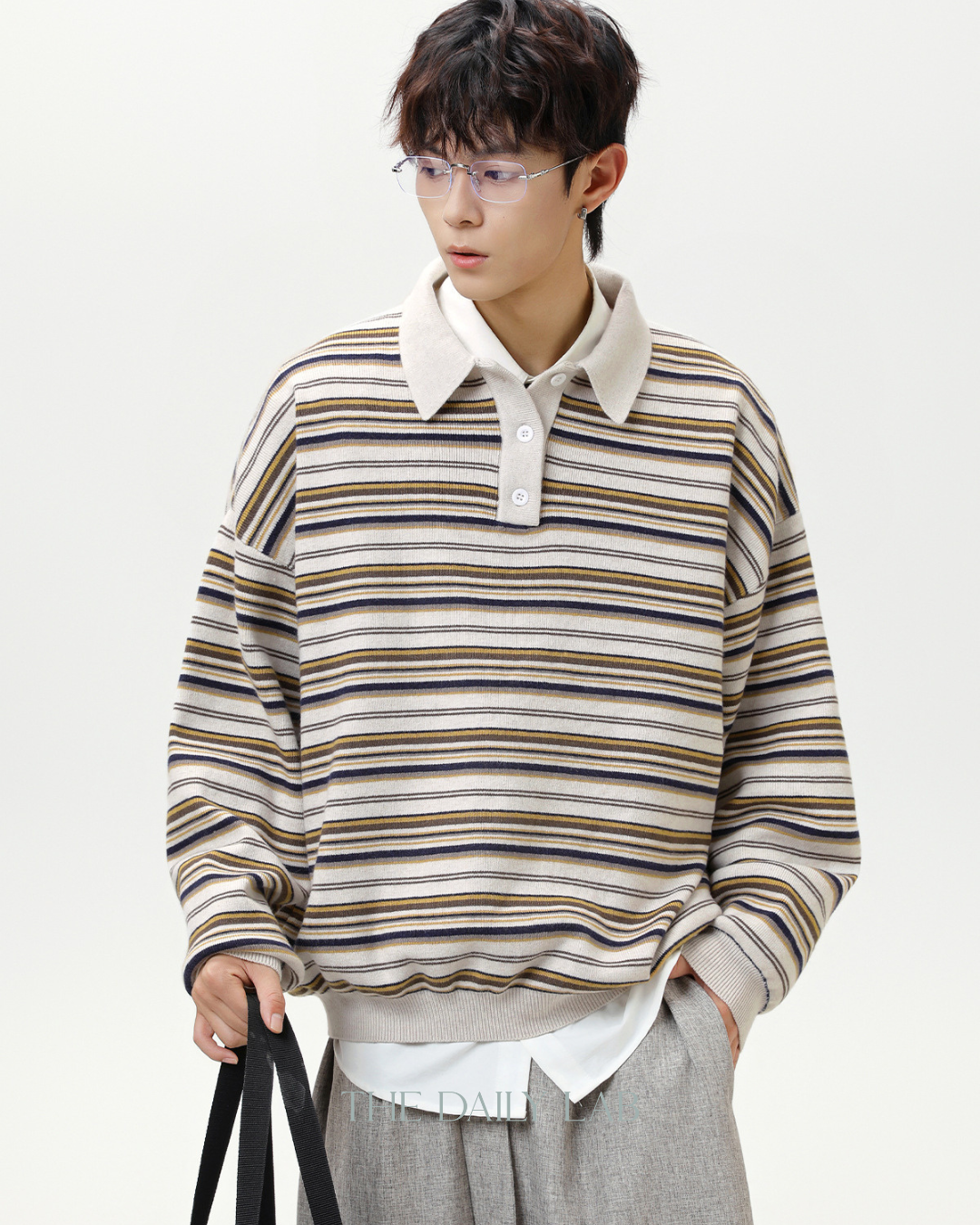 Vintage Striped Loose Casual T-Shirt in White Coffee