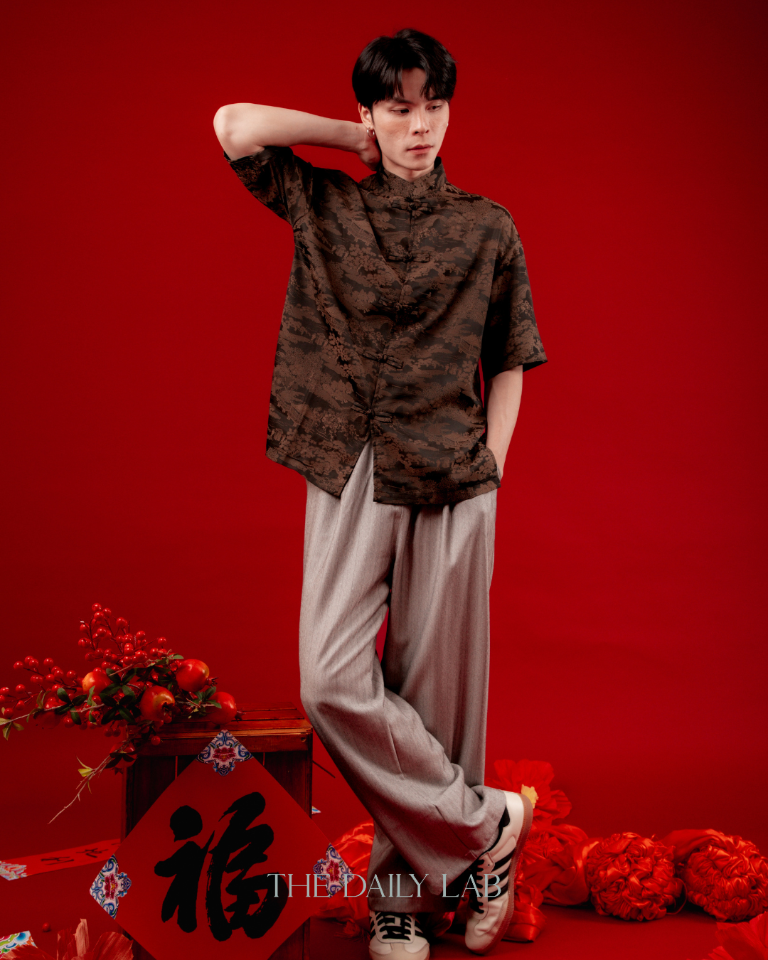 Lightweight Mandarin Collar Shirt in Brown