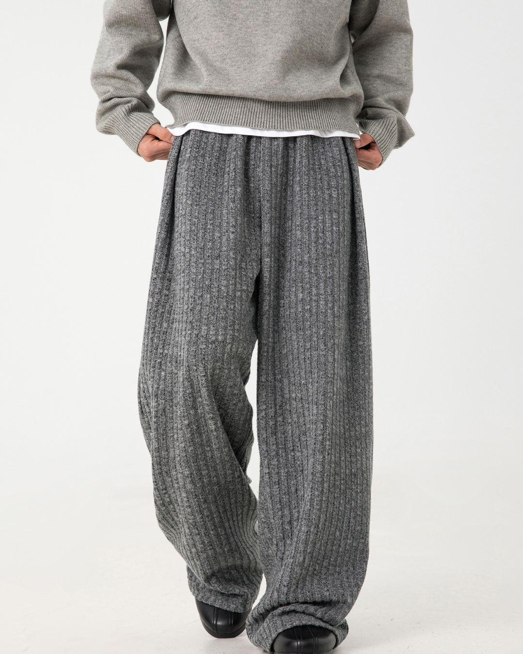 Textured Fleece Loose-fit Draped Casual Pants In Dark Grey