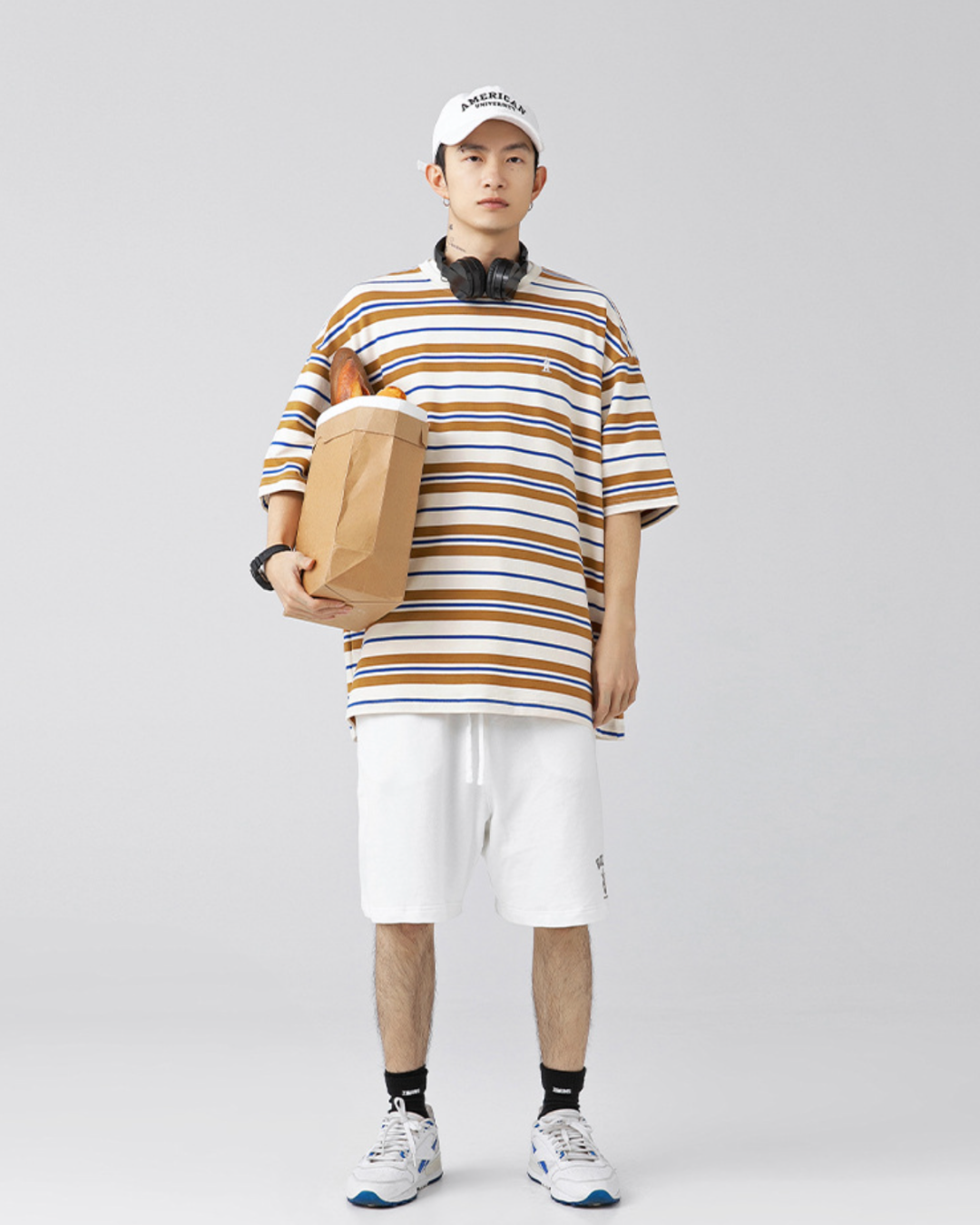 Retro Oversized Striped Line Tee in Brown