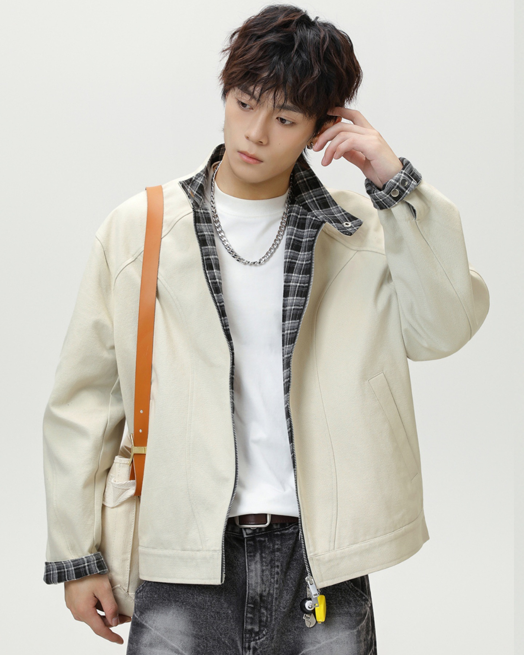 Vintage Checkered Harrington Jacket in White
