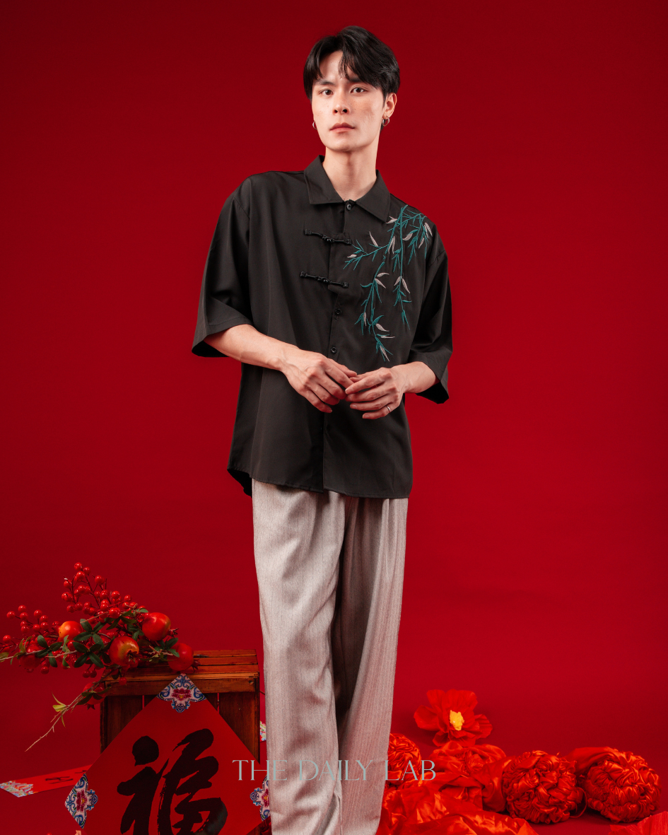 Embroidered Bamboo Chinese Shirt in Black
