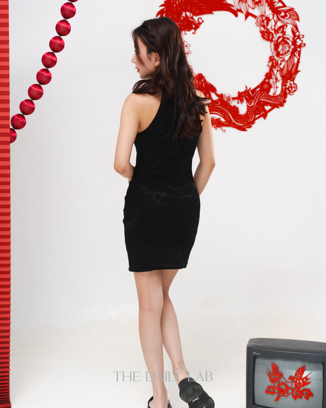 Lace Halter Qipao Mini Dress in Black