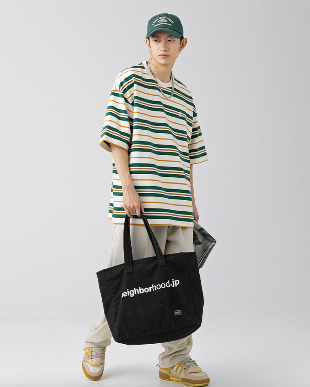 Retro Oversized Striped Line Tee in Green