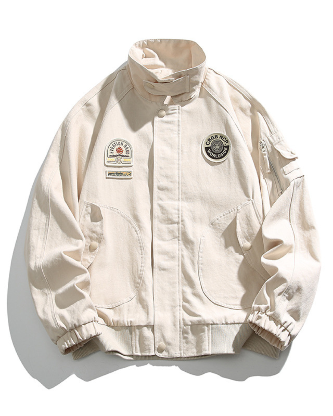 American Retro Badge Collared Bomber Jacket In White