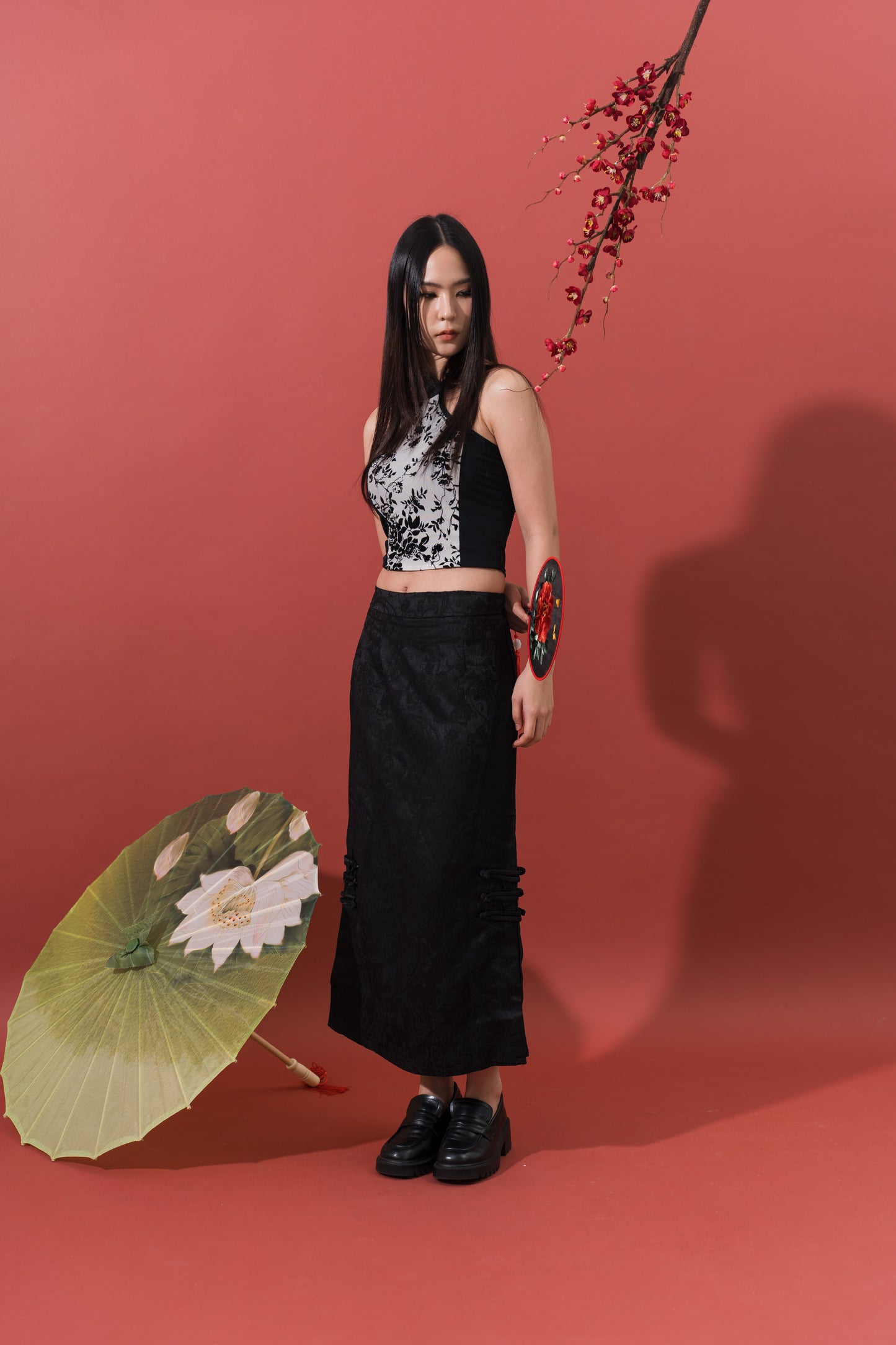 Black Floral Padded Cheongsam Top