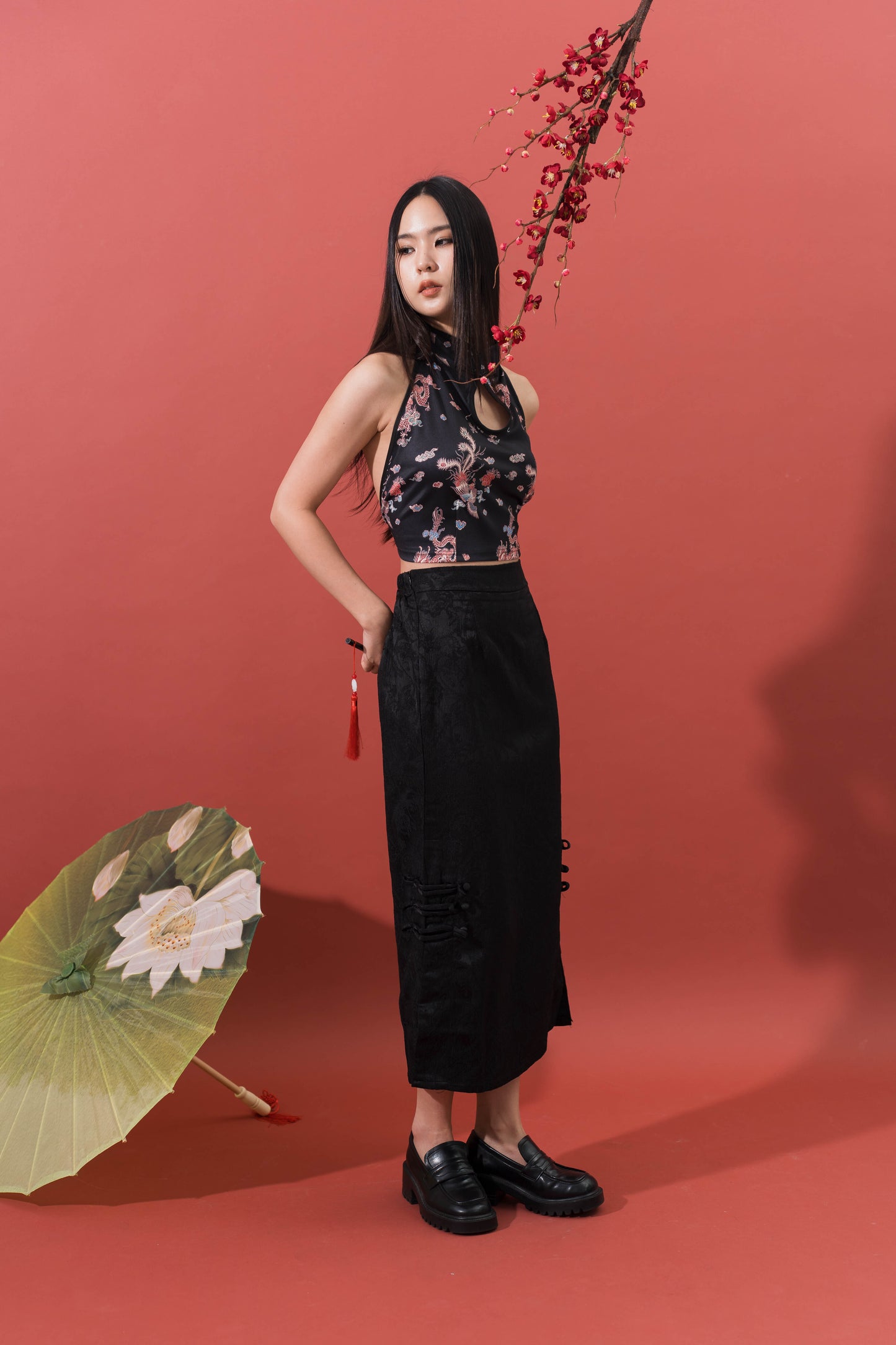 High Waist Embroidery Maxi Skirt in Black (In-Stock)