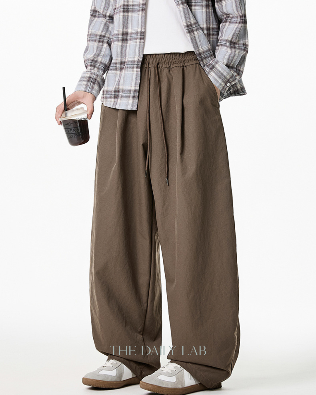 Pleated Loose-Fit Curved-Leg Pants in Coffee