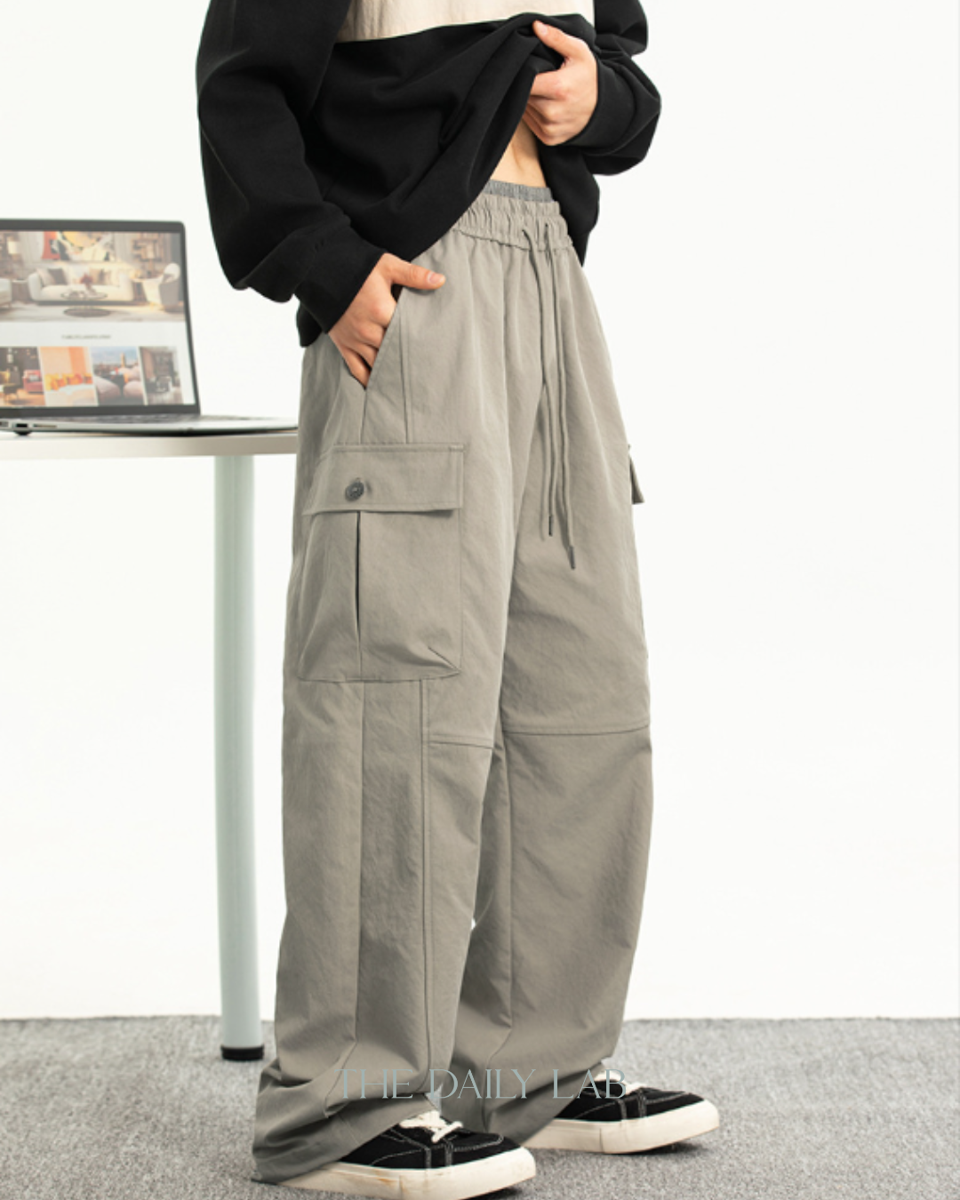 Loose Straight-Leg Cargo Pants in Beige Grey (In-Stock)