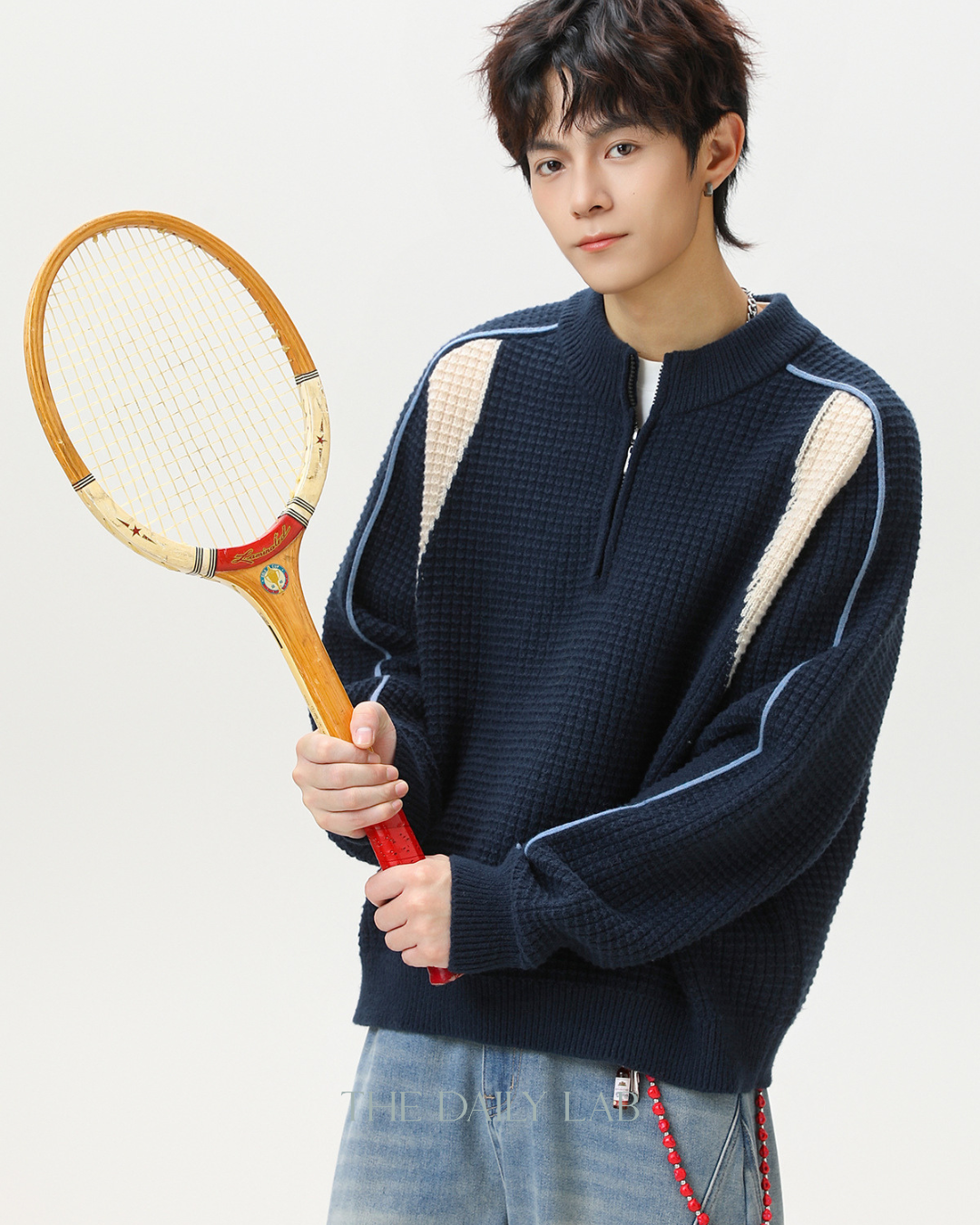 Colorblock Fleece Knit Jacket in Navy Blue