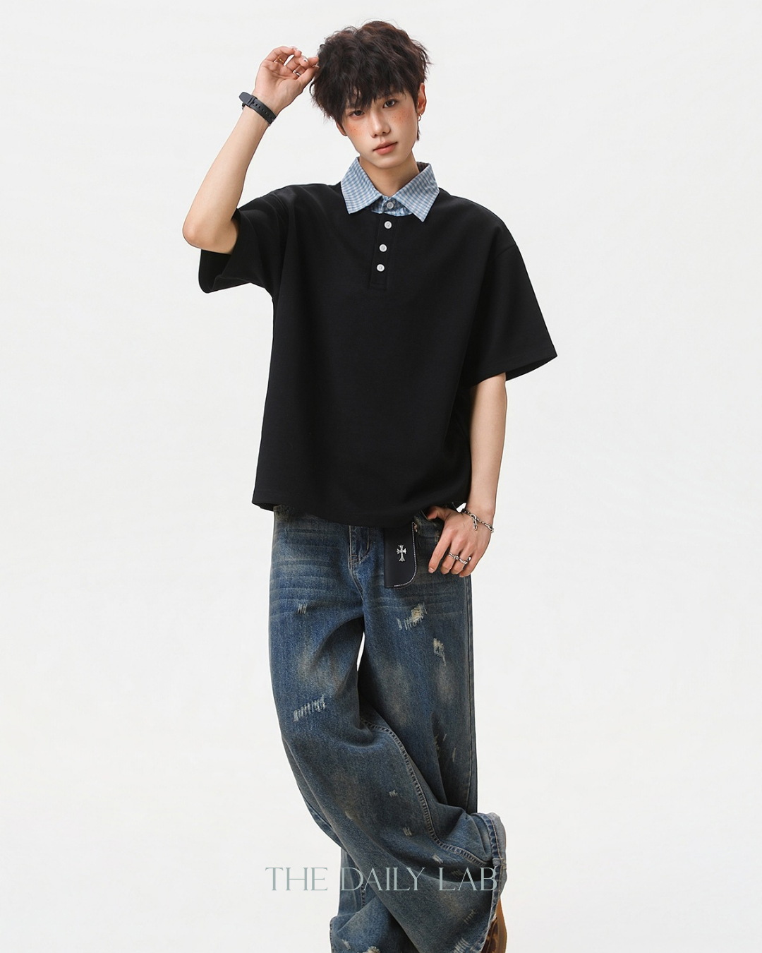 Two-Piece Plaid Spliced T-Shirt in Black