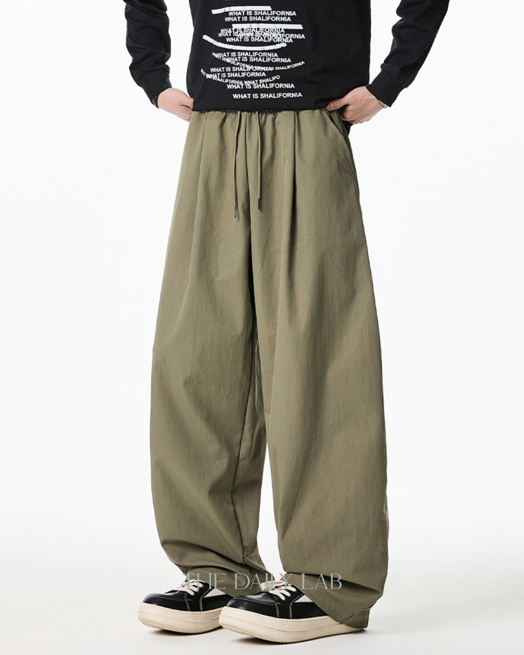 Pleated Loose-Fit Curved-Leg Pants in Khaki
