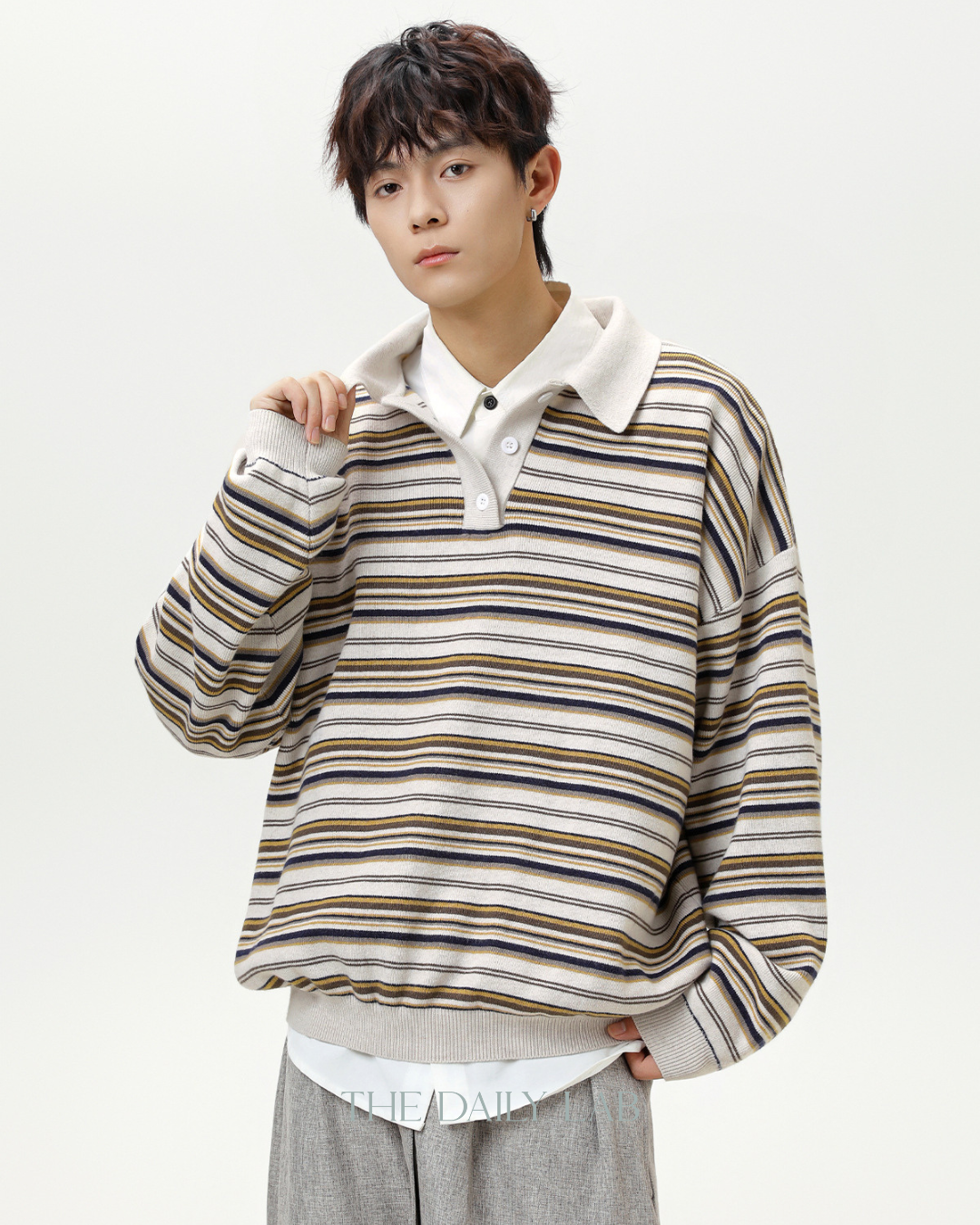 Vintage Striped Loose Casual T-Shirt in White Coffee