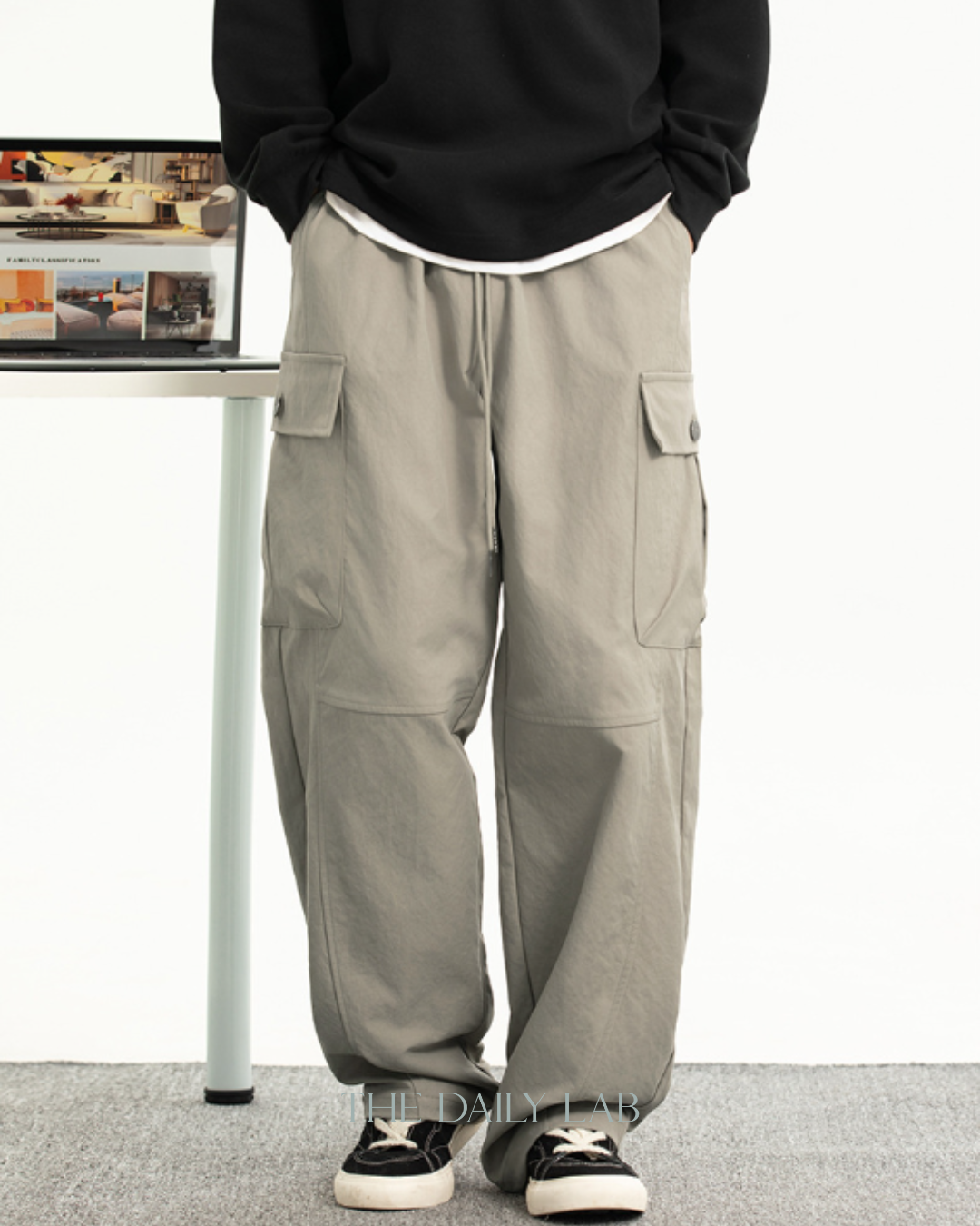 Loose Straight-Leg Cargo Pants in Beige Grey (In-Stock)