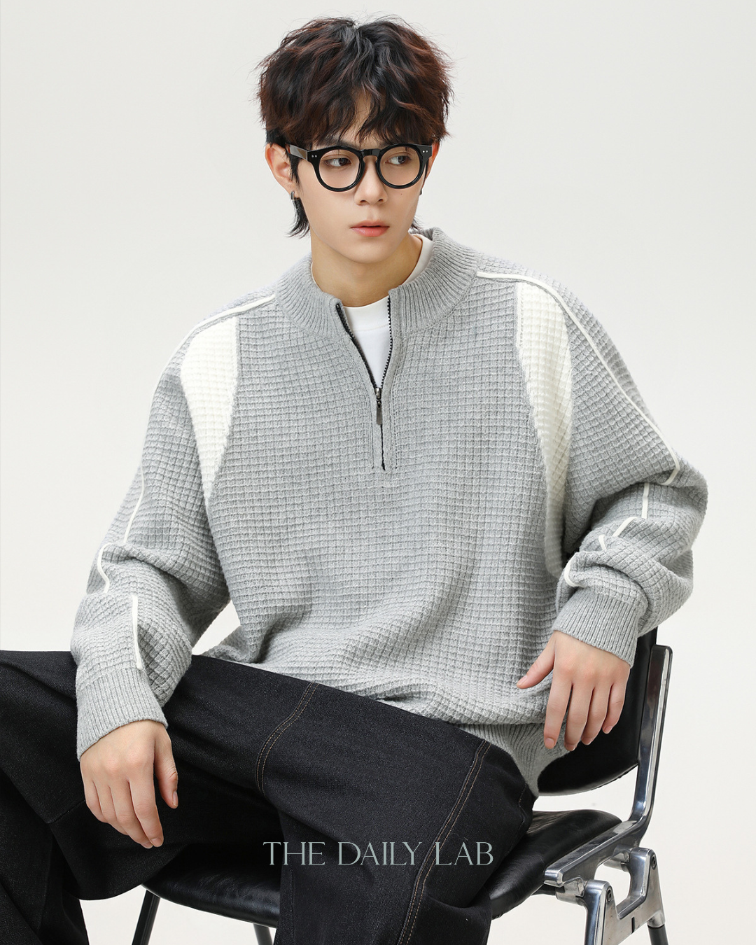 Colorblock Fleece Knit Jacket in Light Gray