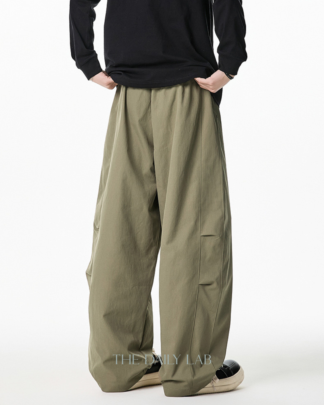 Pleated Loose-Fit Curved-Leg Pants in Khaki
