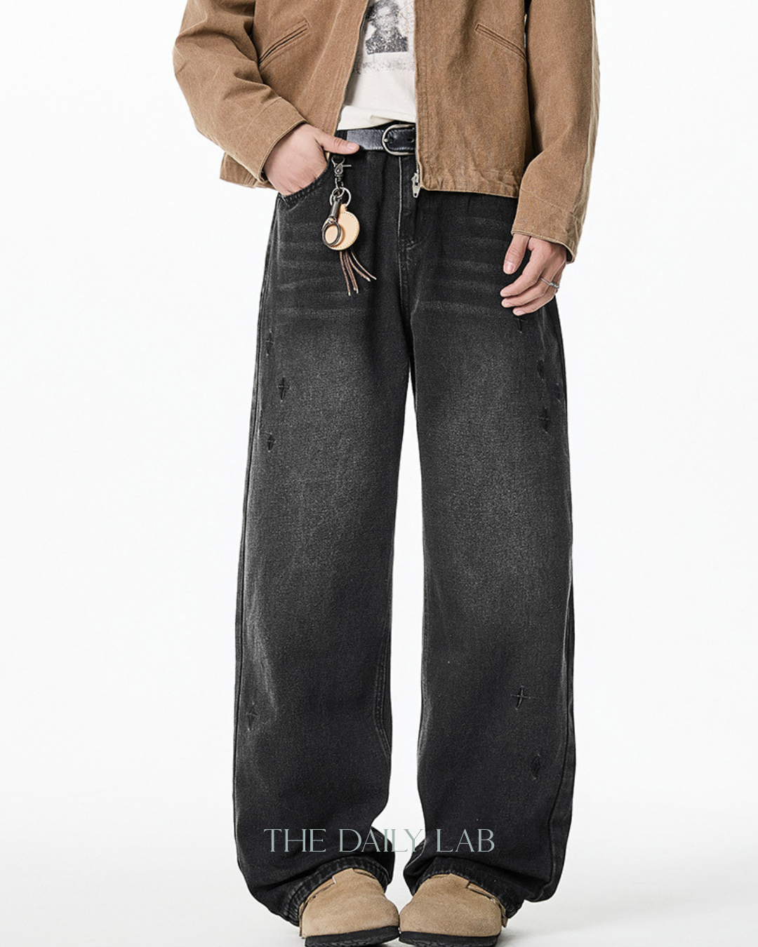 Washed Embroidered Straight-Leg Denim Pants in Black (In-Stock)