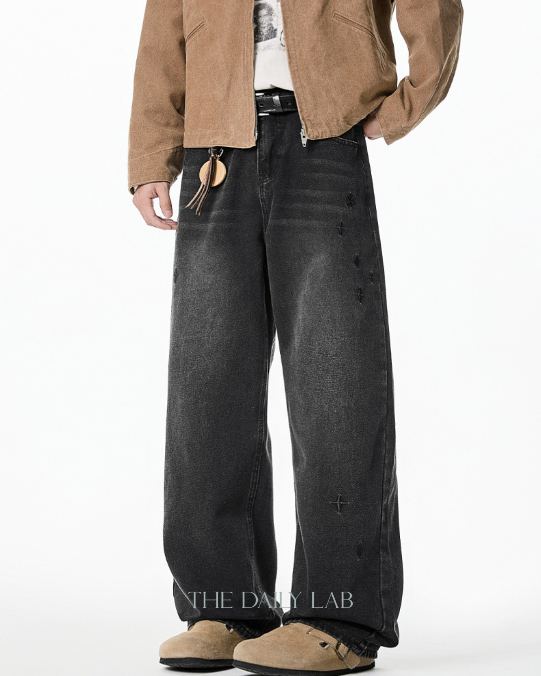 Washed Embroidered Straight-Leg Denim Pants in Black (In-Stock)