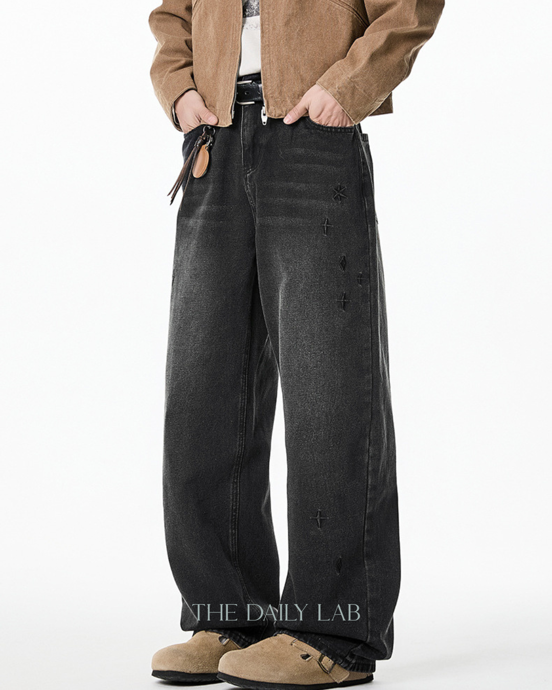 Washed Embroidered Straight-Leg Denim Pants in Black (In-Stock)