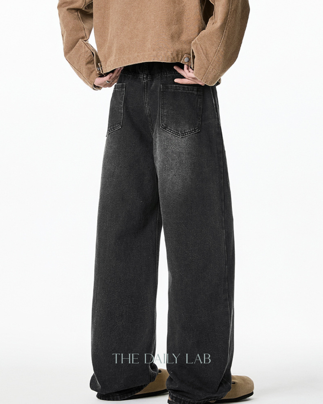 Washed Embroidered Straight-Leg Denim Pants in Black (In-Stock)